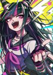  1girl :d black_hair black_sailor_collar cheeseko danganronpa_(series) danganronpa_2:_goodbye_despair ear_piercing hair_horns hand_up highres long_hair looking_at_viewer mioda_ibuki multicolored_hair open_mouth piercing pink_eyes pink_hair sailor_collar school_uniform short_sleeves smile solo teeth tongue tongue_out upper_teeth_only white_hair 