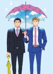  2boys bara black_hair blush brown_hair couple facial_hair feet_out_of_frame goatee_stubble highres holding holding_umbrella kazuki_minamoto locked_arms male_focus multiple_boys necktie original rain shared_umbrella short_hair sideways_glance standing straight-on stubble suit thick_eyebrows umbrella unamused yaoi 