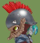  blue_hair commentary_request from_side green_background green_eyes helmet inkling inkling_boy mask moguko mohawk pointy_ears portrait short_hair shoulder_spikes spikes splatoon_(series) splatoon_3 tentacle_hair 