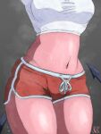  1girl breasts bubble_gum_(artist) demon_tail helltaker highres modeus_(helltaker) navel red_shorts shorts sportswear steaming_body sweat tail thighs 