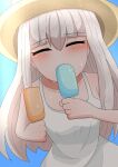  1girl amamitsu9 blue_background blue_sky blush breasts closed_eyes collarbone commentary dress eyelashes fire_emblem fire_emblem:_three_houses food food_in_mouth hair_between_eyes hat highres holding_popsicle ice_cream lysithea_von_ordelia popsicle sidelocks simple_background sky sleeveless small_breasts sun_hat sweat tank_top upper_body white_dress white_hair 