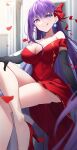  1girl absurdres bare_shoulders bb_(fate) bb_(fate/extra) black_gloves blush breasts cleavage collarbone crossed_legs dress earrings elbow_gloves fate/extra fate/extra_ccc fate/grand_order fate_(series) gloves hair_ribbon herigaru_(fvgyvr000) high_heels highres jewelry large_breasts licking_lips long_hair looking_at_viewer petals purple_eyes purple_hair red_dress red_footwear red_ribbon ribbon sitting smile solo tongue tongue_out very_long_hair 