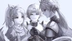  1girl 2boys :d armor dorne_murtough gloves greyscale kom_(water0371) long_hair millie_chliette monochrome multiple_boys open_mouth pointy_ears ponytail puffy_short_sleeves puffy_sleeves roddick_farrence short_sleeves simple_background smile star_ocean star_ocean_first_departure 