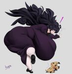  ! 1girl ass breasts gigantic_breasts hayabusart hex_maniac_(pokemon) highres long_hair mimikyu nail_polish nintendo pokemon shoes simple_background solo sweater very_long_hair 