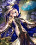  1girl black_pantyhose blonde_hair blue_eyes book breasts cloak commentary_request dress fate/grand_order fate_(series) forest hat highres holding holding_book hood hooded_cloak long_hair looking_at_viewer medium_breasts nature pantyhose round_eyewear smile solo tonelico_(fate) twitter_username unizo water white_cloak white_dress white_headwear wide_sleeves witch_hat 