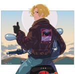  1boy another_eden black_gloves blonde_hair blue_eyes brown_jacket character_request closed_mouth cloud denim english_text gloves helmet jacket jeans looking_at_viewer looking_back male_focus motor_vehicle motorcycle motorcycle_helmet mountain pants shinwoo_choi short_hair solo thumbs_up 