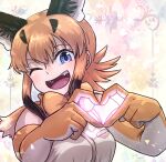  1girl animal_ears black_hair blush breasts brown_gloves brown_hair caracal_(kemono_friends) elbow_gloves fangs gloves heart heart_hands kemono_friends kotobukkii_(yt_lvlv) large_breasts looking_at_viewer multicolored_clothes multicolored_gloves multicolored_hair one_eye_closed open_mouth short_hair smile solo teeth upper_body upper_teeth_only white_gloves 