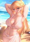  1girl :d ahoge alternate_costume armpits arms_behind_head artoria_pendragon_(fate) artoria_pendragon_(lancer)_(fate) beach belly_chain bikini blonde_hair blue_eyes blush braid breasts collarbone dangle_earrings day earrings english_commentary fate/grand_order fate_(series) genkung green_eyes hair_between_eyes highres jewelry large_breasts light_blush long_hair looking_at_viewer low-tied_long_hair navel necklace night ocean outdoors ponytail ring_necklace sarong see-through_sarong smile solo swimsuit teeth thighs upper_teeth_only very_long_hair white_bikini 