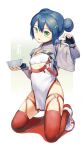  absurdres blue_hair double_bun fingerless_gloves flat_chest gloves hair_bun hair_ornament highres holding kneeling looking_at_viewer open_mouth original red_socks simple_background socks white_background white_footwear zhongye_yu 