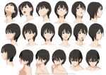  1girl black_eyes black_hair commentary_request hair_behind_ear kamo_kamen looking_at_viewer looking_to_the_side looking_up multiple_views original short_hair solo upper_body white_background 