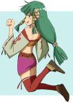  1girl absurdres feena_(grandia) full_body grandia grandia_i green_eyes green_hair hair_ornament hair_tubes haldeco highres jewelry long_hair looking_at_viewer low-tied_long_hair midriff open_mouth simple_background skirt smile solo thighhighs wide_sleeves 