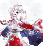  1boy blood blood_on_clothes cape closed_eyes diamond_hairband dress_shirt eiki_(eikityou_55) fate/grand_order fate_(series) fur-trimmed_cape fur_trim grey_hair long_sleeves lower_teeth_only male_focus oberon_(fate) robe shirt short_hair solo spinning tassel teeth white_background white_cape white_robe 