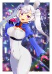  1girl :d animal_ears blurry blurry_background blush bodysuit breasts cleavage commentary_request commission covered_navel depth_of_field gloves grey_hair hair_ornament hairclip hand_up kou_hiyoyo long_hair long_sleeves looking_at_viewer medium_breasts original pink_gloves puffy_long_sleeves puffy_sleeves purple_eyes rabbit_ears shrug_(clothing) skeb_commission sleeves_past_wrists smile solo twintails very_long_hair white_bodysuit 