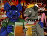  2007 alcohol anthro beer beverage biped black_collar breasts clothed clothing collar duo ear_piercing ear_ring evilyena female green_clothing green_shirt green_topwear male mammal marsupial open_mouth piercing possum ring_piercing shirt spiked_collar spikes topwear 