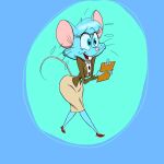  2023 anthro biped blue_background blue_body blue_eyes blue_freckles blue_fur blue_hair bodily_fluids bottomwear buckteeth circle_background clothed clothing colored digital_drawing_(artwork) digital_media_(artwork) female forced_smile fur hair hi_res mammal mia_mouse mouse murid murine open_mouth open_smile rodent simple_background small_waist smile solo stressed sweat sweat_emanata tail teeth topwear whiskers xbox_fan69 