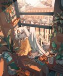  1girl angel bird book bookshelf carles_dalmau closed_eyes food halo highres indoors ivy leaf open_book pigeon pillow plant potted_plant short_hair sitting solo tree white_hair window wings 