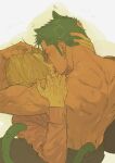  2boys animal_ears back bara biceps black_pants cat_ears cat_tail character_request earrings french_kiss green_hair green_tail hand_on_another&#039;s_head head_grab highres jewelry kiss male_focus multiple_boys muscular muscular_male one_piece pants roronoa_zoro sideburns tail topless_male veins veiny_arms white_background yaoi ynnn_m 