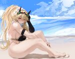  1girl abs bare_shoulders barghest_(fate) barghest_(ice_warrior)_(fate) beach bikini black_bikini black_gloves blonde_hair blue_sky blush breasts elbow_gloves fate/grand_order fate_(series) gloves gold_trim hair_ornament hair_scrunchie high_ponytail highres horns large_breasts long_hair looking_at_viewer muscular muscular_female obazzotto one_eye_closed red_eyes scarf scrunchie sidelocks single_glove sitting sky smile solo swimsuit thick_thighs thighs white_scarf 
