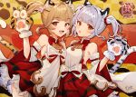  2022 2girls animal_ears animal_hands bai_(granblue_fantasy) bare_shoulders bell blonde_hair blunt_bangs breasts chinese_zodiac detached_sleeves dress fang gloves granblue_fantasy grey_hair hair_intakes hand_up hoshino_(masssssh) huang_(granblue_fantasy) jingle_bell multiple_girls neck_bell open_mouth paw_gloves petticoat short_hair signature sleeveless sleeveless_dress small_breasts smile tail tiger_ears tiger_girl tiger_tail twintails upper_body year_of_the_tiger yellow_eyes 