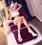  absurd_res allskyart anthro canid canine clothed clothing colored_nails eyelashes feet female fluffy foot_fetish footwear fox fox_tail fur hair hi_res mammal nails pajamas pink_body pink_fur pink_hair smile socks underwear white_clothing white_underwear window yellow_eyes 