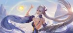  1girl absurdres arm_up blue_dress blue_sky canyue_yingguang detached_sleeves dress energy floating_hair from_side genshin_impact hair_ornament highres long_hair mountain ningguang_(genshin_impact) parted_lips red_eyes sky solo sun teeth upper_body white_hair 