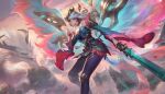  1girl absurdres alternate_costume bare_shoulders blue_pants breasts choker cleavage closed_mouth cloud colorful detached_sleeves detached_wings dragon dress earrings eastern_dragon eyeshadow falling_petals floating_hair hair_ornament highres holding holding_sword holding_weapon immortal_journey_kayle jewelry kayle_(league_of_legends) league_of_legends long_hair looking_to_the_side makeup medium_breasts mountain multicolored_wings official_alternate_costume official_art pants petals red_lips short_dress sky smile solo sunlight sword traditional_clothes weapon white_hair wings 