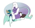  anthro bovid caprine chubby_female clothed clothing dragon duo female fur goat green_body green_scales hands_on_shoulders hi_res horn male male/female mammal peachfurs raxym_(dragon_sinner) robe scales scarf sitting_on_another tail toriel turquoise_hair undertale_(series) white_body white_fur 