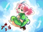  1girl blue_hairband blue_sky curly_hair dress feathers green_dress green_eyes h hairband hands_on_own_chest looking_at_viewer onedaycoffe panel_de_pon pink_hair pointy_ears sky solo windy_(panel_de_pon) 
