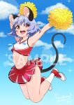  1girl alternate_costume animal_ears armpits blue_sky cheerleader cloud commentary_request commission crop_top full_body grey_hair highres jewelry midriff mixed-language_commentary mouse_ears mouse_girl mouse_tail multiple_sources navel nazrin open_mouth outdoors pendant pom_pom_(cheerleading) red_eyes red_footwear sample_watermark short_eyebrows short_hair signature skeb_commission sky socks solo tail take_no_ko_(4919400) teeth thighs touhou upper_teeth_only white_socks 