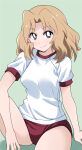  1girl arm_on_knee blonde_hair blue_eyes bright_pupils buruma closed_mouth commentary girls_und_panzer green_background gym_shirt gym_uniform hair_intakes highres kay_(girls_und_panzer) knee_up long_hair looking_at_viewer medium_hair ponzu_rui red_buruma shirt short_sleeves simple_background sitting smile solo t-shirt white_pupils 