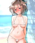  1girl arms_at_sides ass_visible_through_thighs bare_shoulders bikini blurry blurry_background blush breasts closed_mouth collarbone covered_nipples cowboy_shot furaggu_(frag_0416) hair_between_eyes highres horizon kantai_collection large_breasts light_brown_hair looking_at_viewer messy_hair micro_bikini navel nose_blush ocean one-hour_drawing_challenge outdoors sheffield_(kancolle) skindentation solo string_bikini swimsuit thighs underboob water 