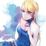  1girl ace_attorney adrian_andrews blonde_hair blue_dress blue_eyes book dress glasses hand_up holding holding_book lgw7 long_hair simple_background sleeveless sleeveless_dress solo 