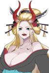  1girl bare_shoulders black_kimono black_maria_(one_piece) blonde_hair blue_eyes breasts collarbone crazy_otama earrings eyelashes highres horns huge_breasts japanese_clothes jewelry kimono long_hair looking_at_viewer nihongami oiran one_piece red_lips sash solo tongue tongue_out upper_body 