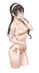  1girl bikini black_hair blush breasts cowboy_shot gold_bikini green_eyes hair_between_eyes hairband hand_on_own_cheek hand_on_own_face highres kantai_collection lips long_hair looking_at_viewer ooyodo_(kancolle) semi-rimless_eyewear side-tie_bikini_bottom simple_background small_breasts solo standing swimsuit under-rim_eyewear white_background white_hairband yuuji_(and) 