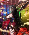  1girl animal_ears architecture ass axe bare_legs black_hair breasts cat_ears cat_girl cat_tail chain choker cowboy_shot decorations detached_sleeves east_asian_architecture floral_print from_side halberd holding holding_axe indoors japanese_clothes kimono lantern long_hair looking_at_viewer obi official_art parted_lips polearm print_kimono rainbow_gradient red_kimono sash scabbard shadowverse sheath short_kimono sideboob single_bare_shoulder smoke solo straight_hair sword tail tevali_(shadowverse) weapon wide_sleeves yellow_eyes yuuhi_homare 