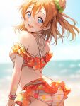  1girl ass beach bikini blue_eyes blue_sky bracelet cloud cowboy_shot day from_behind heterochromia(creator) horizon jewelry kousaka_honoka looking_at_viewer looking_back love_live! love_live!_school_idol_project medium_hair ocean one_side_up open_mouth orange_bikini orange_hair outdoors round_teeth sky solo striped striped_bikini swimsuit teeth upper_teeth_only 