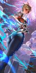  1girl alternate_color ass black_gloves black_pants blonde_hair earrings fingerless_gloves fireworks gloves highres jacket jewelry le_sserafim liang_xing looking_at_viewer official_alternate_costume official_alternate_hairstyle orange_goggles overwatch overwatch_2 pants short_hair signature solo tracer_(overwatch) 