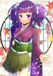  1girl autumn_leaves blunt_bangs blush bow closed_mouth commentary_request commission green_skirt hair_bow hand_on_own_hip japanese_clothes kimono kou_hiyoyo leaf long_sleeves looking_at_viewer maple_leaf obi original pleated_skirt purple_eyes purple_hair purple_kimono sash skeb_commission skirt smile solo twintails white_bow wide_sleeves 