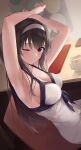  1girl absurdres armpits arms_up black_hair breasts chair cup desk dress grin hairband highres indoors kasumigaoka_utaha large_breasts long_hair looking_at_viewer one_eye_closed parted_lips red_eyes saenai_heroine_no_sodatekata sitting smile solo straight_hair very_long_hair white_dress white_hairband yanagi_marie 