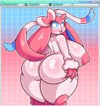  2023 anthro areola big_breasts big_butt blues_sclera breasts butt butt_grab eeveelution female fur fusion generation_4_pokemon generation_6_pokemon hand_on_butt huge_breasts huge_butt long_ears looking_back lopunny mintyspirit nintendo nipples open_mouth pink_areola pink_body pink_fur pink_nipples pokemon pokemon_(species) pokemon_fusion presenting ribbons smile solo sylveon watermark white_body white_eyes white_fur 