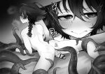  1boy anus arikui_(ooooalikui) ass bar_censor blush braid censored closed_mouth completely_nude greyscale hair_between_eyes highres imminent_anal imminent_penetration long_hair lying male_focus meng_long monochrome multiple_views nude on_stomach penis restrained shy_(series) single_braid sweat tentacles wavy_mouth 