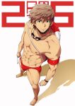  1boy abs armband artist_name bara blue_eyes brown_hair bulge goggles goggles_around_neck holding holding_whistle innertube large_pectorals male_focus male_swimwear muscular muscular_male navel nipples original pectorals red_male_swimwear short_hair smile solo swim_briefs whistle zamius 