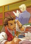  2boys ace_attorney antenna_hair apollo_justice aqua_necktie blonde_hair blue_jacket book book_stack bookshelf bracelet brown_eyes brown_hair ckotnha collared_shirt corded_phone cup glasses holding holding_pen indoors jacket jewelry kristoph_gavin lapel_pin lapels library long_sleeves looking_at_another mug multiple_boys necktie open_book open_mouth pen phone profile red_vest shirt short_hair sleeves_rolled_up smile suit_jacket talking_on_phone vest white_shirt 