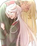  1boy 1girl asticassia_school_uniform blonde_hair blue_eyes clenched_teeth closed_eyes crying green_jacket grey_hair gundam gundam_suisei_no_majo hair_behind_ear hair_between_eyes highres hug jacket jacket_tug long_hair long_sleeves miorine_rembran retnallo3 school_uniform shaddiq_zenelli smile teardrop tears teeth upper_body white_background 