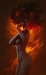 1girl anato_finnstark artist_name bare_arms bare_hips bare_legs breasts fiery_hair fingernails floating_hair glowing glowing_eyes highres looking_at_viewer medium_breasts nude original pointy_ears red_hair sharp_fingernails smile teeth toned yellow_eyes 
