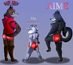  absurd_res aime_westly_(babyaren) angry anthro aren_ace_armmen avery_mei-ling babyaren black_body black_fur bodily_fluids bovid brown_body brown_fur butt canid canine canis caprine clothing costume fake_tail fur fursuit goat grey_body grey_fur grin group hi_res hoes_mad hooves horn human humanoid male mammal mask red_clothing shadow shy simple_background size_difference smaller_male smile sweat sweatdrop text text_on_clothing text_on_underwear torn_clothing trio underwear wolf 