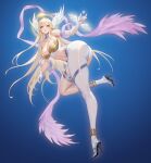  1girl absurdres angel_wings angewomon armor armpits ass asymmetrical_legwear bare_shoulders blonde_hair blue_background blue_choker breastplate breasts choker dark_night_(darkotl) digimon elbow_gloves feathered_wings full_body gloves hair_intakes halo head_wings high_heels highres large_breasts lips long_hair looking_at_viewer navel no_headwear open_mouth pink_ribbon ribbon simple_background solo stomach swept_bangs thigh_strap thighs very_long_hair white_gloves wings 