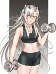  1girl absurdres alternate_costume animal_ears arknights bare_arms bare_shoulders bike_shorts black_shorts breasts commentary_request cowboy_shot crop_top dumbbell grey_hair hair_between_eyes highres holding indra_(arknights) long_hair looking_at_viewer medium_breasts midriff navel scar scar_on_face scar_on_nose short_shorts shorts smile solo sports_bra standing stomach thighs tiger_ears very_long_hair watakon_(owatakon47) yellow_eyes 
