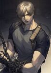  1boy black_gloves black_shirt blonde_hair blue_eyes chain chained dated fingerless_gloves gloves harness leon_s._kennedy looking_at_viewer male_focus muted_color no_sense_of_shame parted_bangs parted_lips resident_evil resident_evil_4 resident_evil_4_(remake) shirt short_hair short_sleeves signature solo tight tight_shirt toned toned_male upper_body 