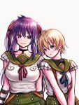  2girls azulasi black_choker blonde_hair blue_eyes blue_ribbon breasts choker ebisuzawa_kurumi gakkou_gurashi! green_skirt hair_between_eyes highres long_hair looking_at_viewer medium_breasts multiple_girls naoki_miki purple_eyes purple_hair red_ribbon ribbon school_uniform short_hair short_sleeves simple_background sitting skirt small_breasts smile white_background 